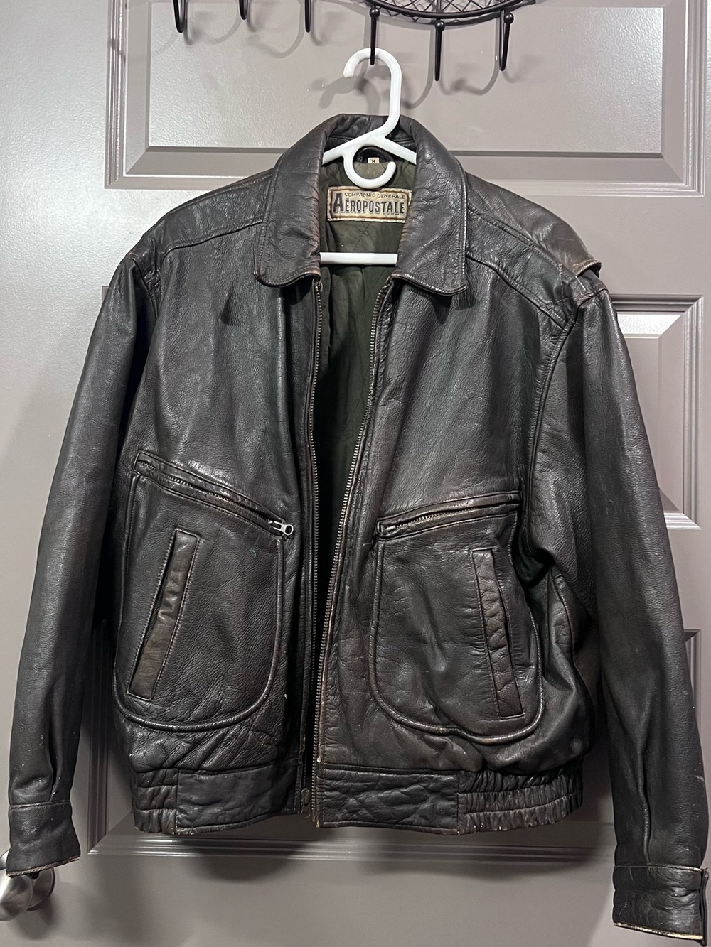 1980s-90s Aeropostale Men's Black Leather Bomber Jacket